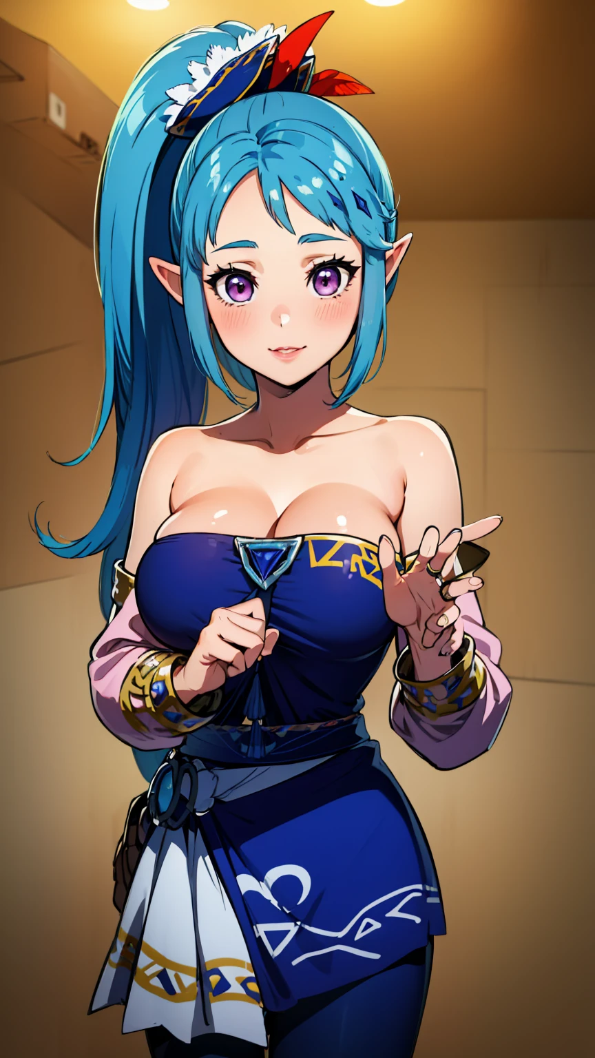 best quality, high resolution, large breasts, blue hair, ponytail, blush, smile, cowboy shot, looking at viewer, Lana, pink lip, (((in Hyrule castle))),