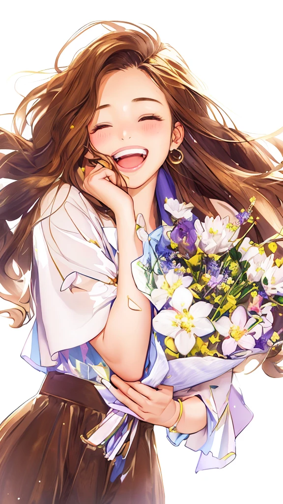 Anime girl with flowers in her hands,With a smile on his face, with flowers, Guviz, she expressing joy, beautiful and smiling, laughing sweetly, Lovely smile, with a beautifull smile, Middle metaverse, by Yang J, Happy and cheerful look, and she smiling,Very happy, Guviz-style artwork, brown hair and white shirt,