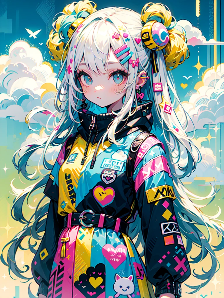 "cute, cute, Cute girl in pink, yellow, Baby blue color scheme. She wears sky-themed clothing with clouds and sky motifs. Her outfit is fluffy and soft., Comes with hair clips and other accessories. She embodies the vibrant and trendy Harajuku fashion style.."