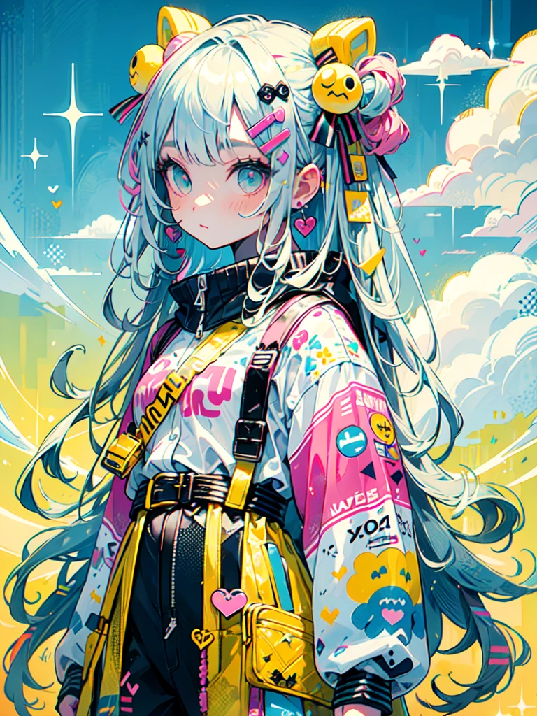 "cute, cute, Cute girl in pink, yellow, Baby blue color scheme. She wears sky-themed clothing with clouds and sky motifs. Her outfit is fluffy and soft., Comes with hair clips and other accessories. She embodies the vibrant and trendy Harajuku fashion style.."