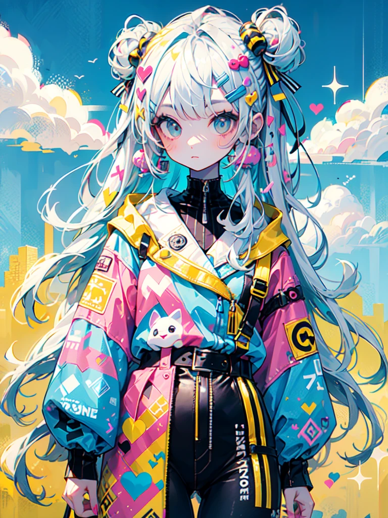 "cute, cute, Cute girl in pink, yellow, Baby blue color scheme. She wears sky-themed clothing with clouds and sky motifs. Her outfit is fluffy and soft., Comes with hair clips and other accessories. She embodies the vibrant and trendy Harajuku fashion style.."