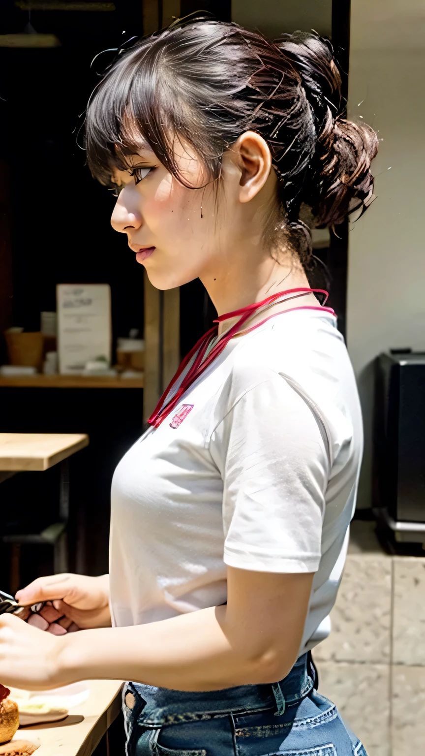 (Realistic、Like a photograph、Live Action、8K, Photorealistic, RAW Photos, Best image quality: 1.4), Single-lens reflex camera、RAW Photos, Highest quality, Realistic, Highly detailed CG Unity 8K wallpaper, Written boundary depth, Cinematic Light, Lens flare, Ray Tracing, Realistic background、(Black polo shirt:1.4、Denim pants:1.1、Small breasts:1.37、((Wear a name tag around your neck)))、((Ultra-dense skin))、 1 female,Cute Japanese Woman、Japanese office worker working、((whole body:1.5))、cooking:1.1、Serious expression、Pink inner color hair、Medium Hair:1.2、Put your hair up、I like that style、Stylish、Very detailed、Pay attention to the details、Perfect outfit、(Sunburned skin)、Beautiful legs:1.1、cooking in a restaurant、kitchen、Side view