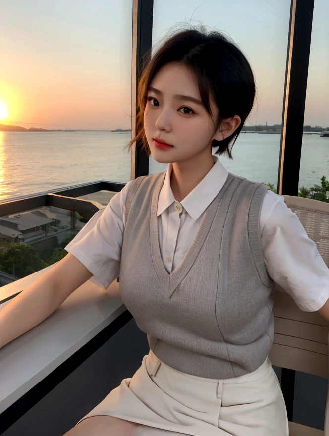 Highest quality、perfection、Beautiful woman、young、16 years old、short hair、Grey vest、White short sleeve shirt、Black Skirt、summer、blush、Biting your lip、Get angry、classroom、Sit on a chair、Sunset、窓からSunsetが見える、Beautiful scenery、Famous actress、model、Japanese、Sexy posing