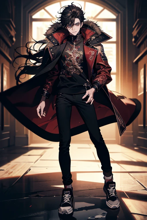 (tmasterpiece, high resolution, ultra - detailed:1.0), (1 boy, male), Eyes looking at the camera, Perfect male body, Delicate eyes and delicate face, Extremely detailed CG, 8K wallpaper, Complicated details, solo person, Detailed face,(Red jacket, Black hoodie, wind coat, long black jeans, Red sneakers, Evil smile, Straight black hair, Messy hair, jail cell, underground room), color difference, Depth of field, dramatic shadow, Ray tracing, Best quality, Cinematic lighting, offcial art, Portrait
