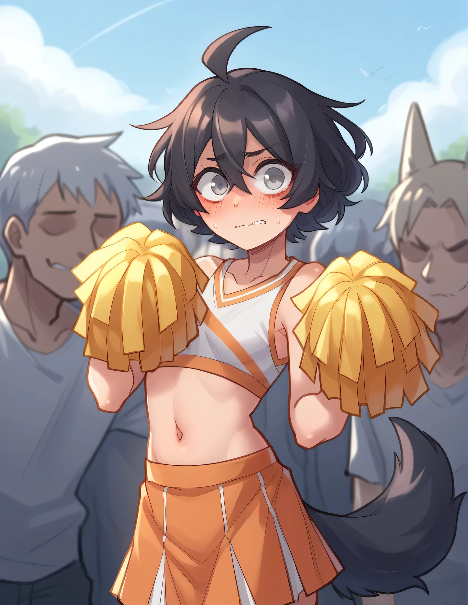 ppka, black fur, short hair, messy fur, Ahoge, parts, parts por todo el cuerpo, grey eyes, blind, looking at the viewer, embarrassed look, 
Ropa de cheerleader (cheerleader) Exposed navel, visible navel handstand, 
crowd watching