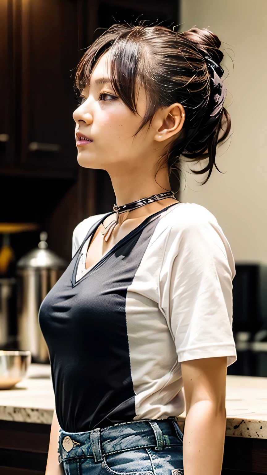 (Realistic、Like a photograph、Live Action、8K, Photorealistic, RAW Photos, Best image quality: 1.4), Single-lens reflex camera、RAW Photos, Highest quality, Realistic, Highly detailed CG Unity 8K wallpaper, Written boundary depth, Cinematic Light, Lens flare, Ray Tracing, Realistic background、(Black polo shirt:1.4、Denim pants:1.1、Small breasts:1.37、((Wear a name tag around your neck)))、((Ultra-dense skin))、 1 female,Cute Japanese Woman、Japanese office worker working、((whole body:1.5))、cooking:1.1、Serious expression、Pink inner color hair、Medium Hair:1.2、Put your hair up、I like that style、Stylish、Very detailed、Pay attention to the details、Perfect outfit、(Sunburned skin)、Beautiful legs:1.1、cooking in a restaurant、kitchen、Side view