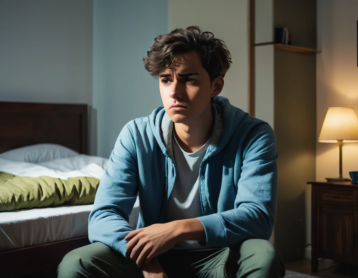 a young man sitting pensively in the room with anxiety
Then the man slept in his room