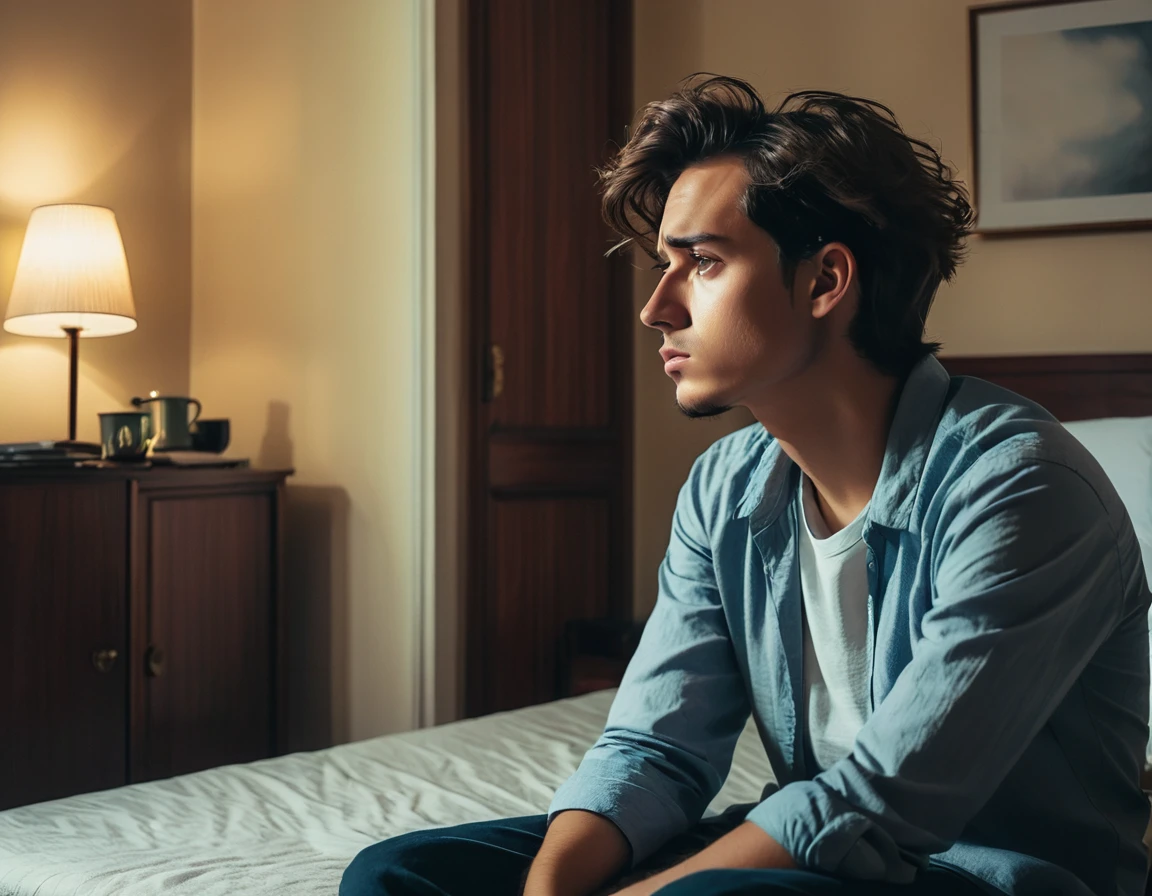 a young man sitting pensively in the room with anxiety
Then the man slept in his room