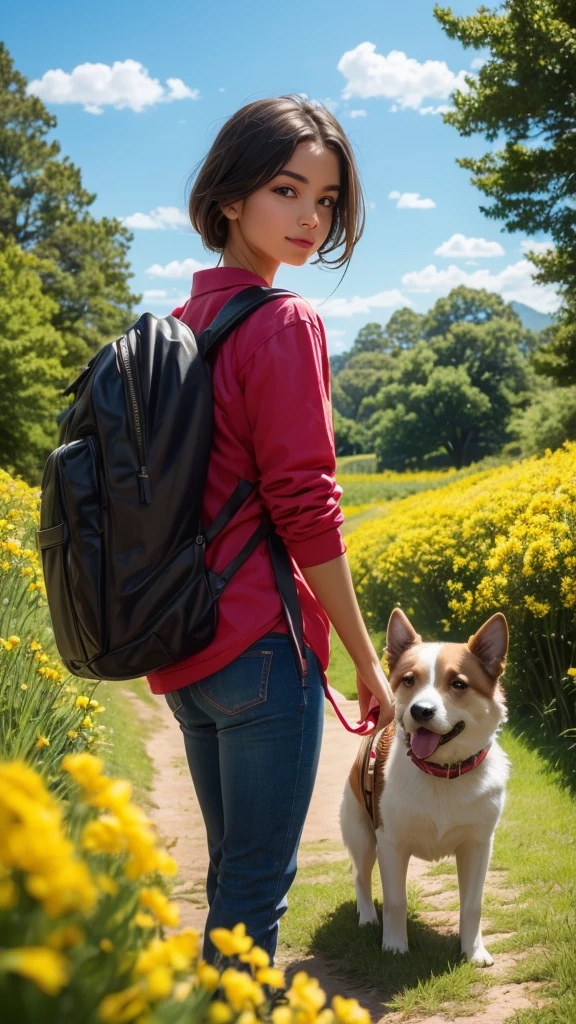 An incredibly charming carrying a backpack, accompanied by her adorable puppy, enjoying a lovely spring outing surrounded by beautiful yellow flowers and natural scenery. The illustration is in high definition at 4k resolution, with highly-detailed facial features and cartoon-style visuals, (Butterfly Dance)