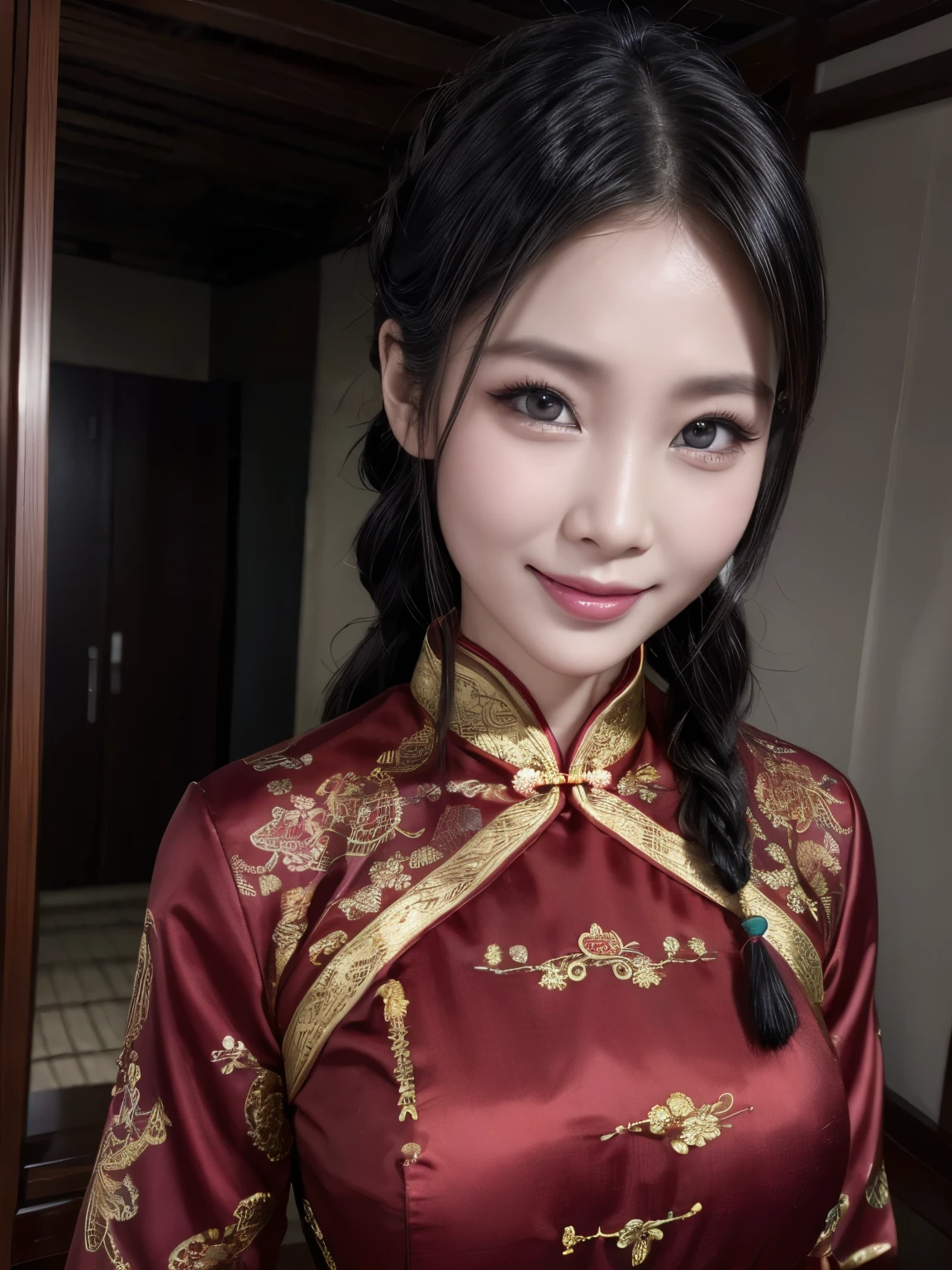 Eyes are very fragile，Double braids with cheongsam，Chinese New Year Decorations（（Smiling artwork）））， （（best quality））， （（Intricate details））， （（Surreal））（8K）