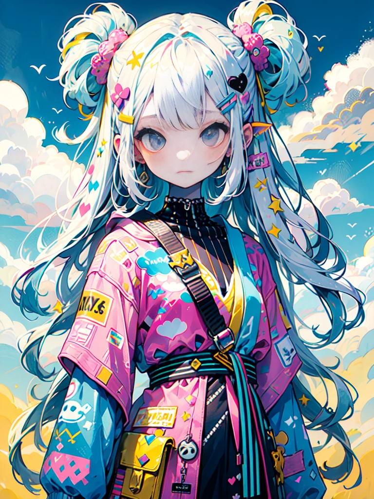"cute, cute, Cute girl in pink, yellow, Baby blue color scheme. She wears sky-themed clothing with clouds and sky motifs. Her outfit is fluffy and soft., Comes with hair clips and other accessories. She embodies the vibrant and trendy Harajuku fashion style.."