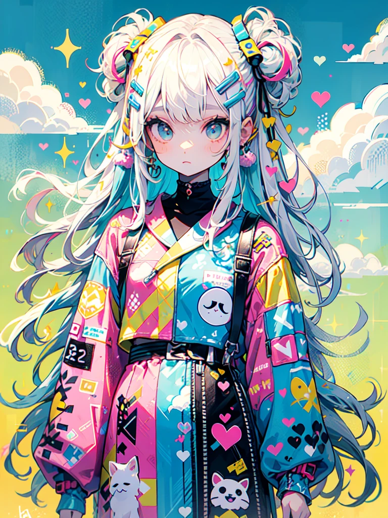 "cute, cute, Cute girl in pink, yellow, Baby blue color scheme. She wears sky-themed clothing with clouds and sky motifs. Her outfit is fluffy and soft., Comes with hair clips and other accessories. She embodies the vibrant and trendy Harajuku fashion style.."