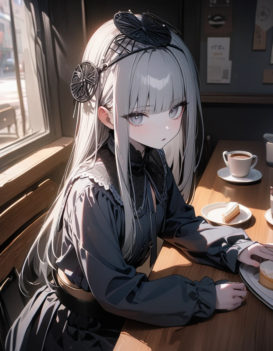 (8K, best quality, master piece: 1.2), super high resolution,1 girl,独奏,,ultra-detailed face,detailed eyes,silver eyes,blunt bangs,silver hair,Straight Hair,Long Hair,pale skin,long sleeve petal collar blouse,black Fascinator,Tiered skirt,expressionless,lash extension,parted lips,Rim Light,Sitting in a chair,A cake and a cup of tea on the table,Coffee shop