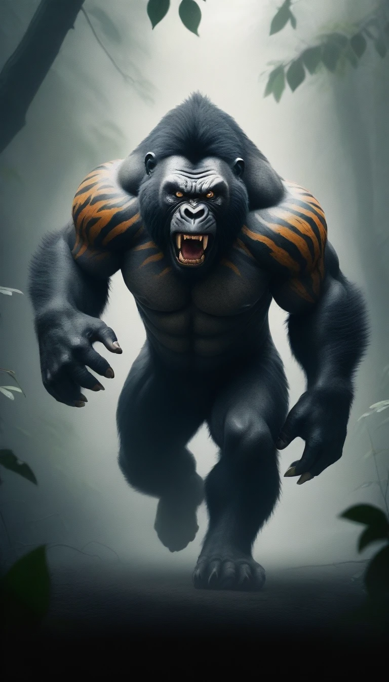 A fearsome fusion of a tiger and a gorilla, creating a monster-like creature. The misty background with falling leaves adds an eerie atmosphere. The creature looks incredibly realistic, running at high speed with powerful and agile movements. Stylish and fierce design, with pronounced muscles, sharp claws, and an intense expression, emphasizing its strength and ferocity. Highly detailed and lifelike scene