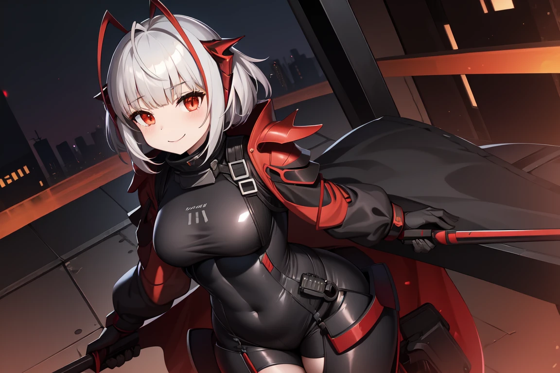 1girl, w_arknights, black bodysuit with red parts, city ruins, hi-tech armor pieces, mature, crazy smile