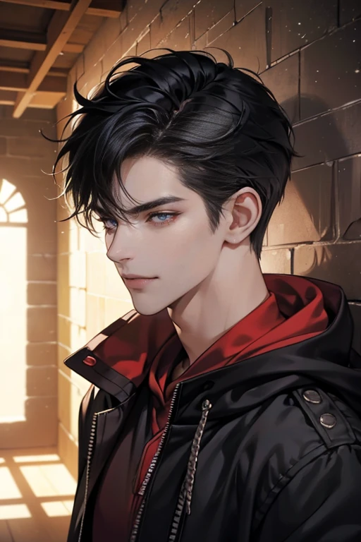 (tmasterpiece, high resolution, ultra - detailed:1.0), (1 boy, male), Eyes looking at the camera, Perfect male body, Delicate eyes and delicate face, Extremely detailed CG, 8K wallpaper, Complicated details, solo person, Detailed face,(Red jacket, Black hoodie, wind coat, long black jeans, Red sneakers, Evil smile, Straight black hair, Messy hair, jail cell, underground room), color difference, Depth of field, dramatic shadow, Ray tracing, Best quality, Cinematic lighting, offcial art, Portrait