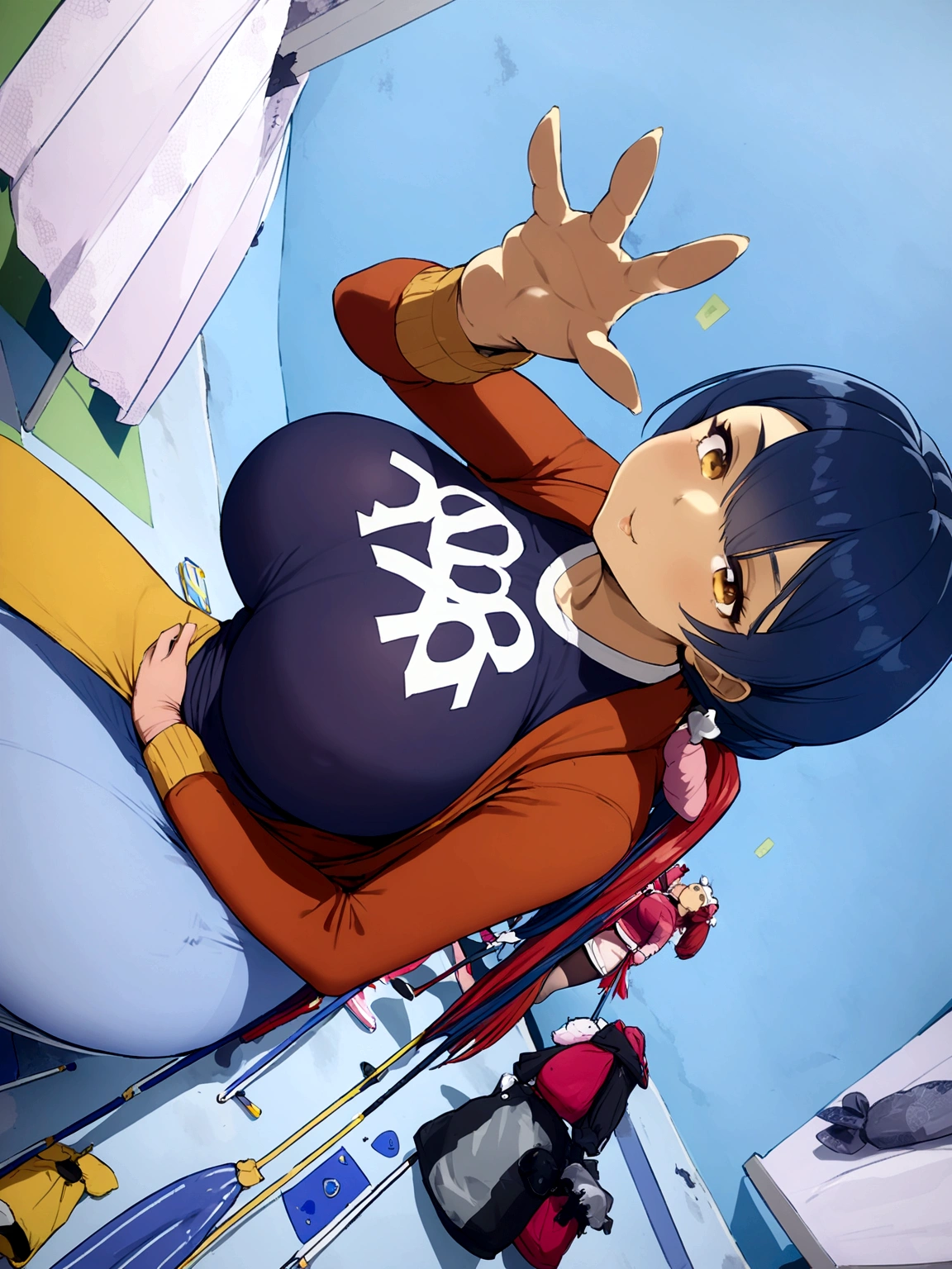 Big bimbo lady huge breast huge ass long blue hair long sleeve jacket eyes yellow thighs stocking location fantasy household