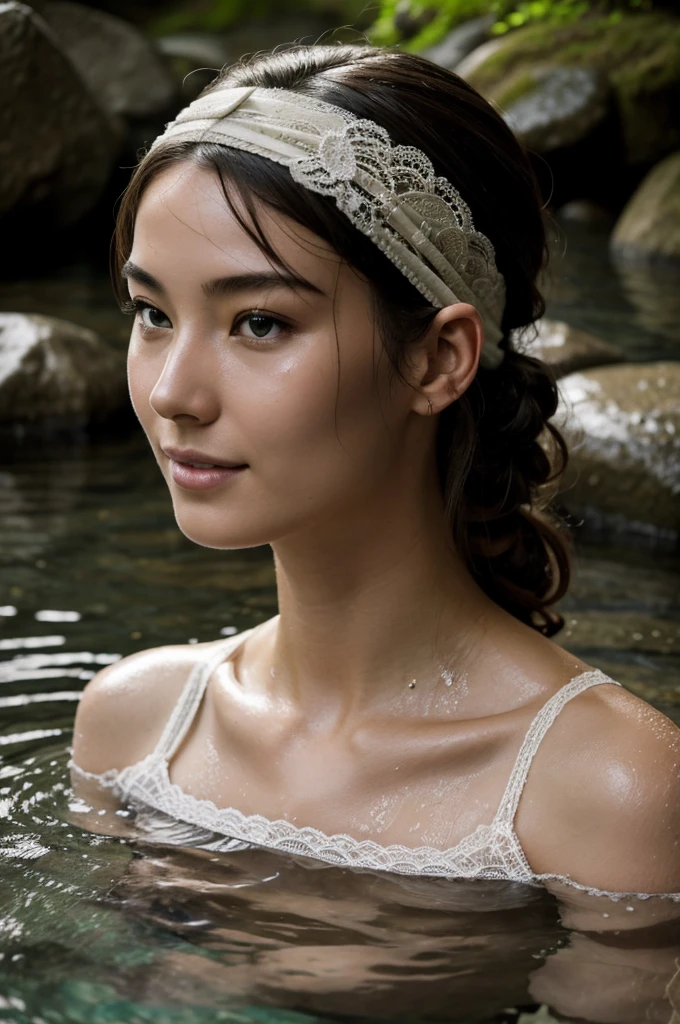 Best Quality, Masterpiece, super high resolution, A super model submerged in hot springs in Japan., outdoor hot springs, stone hot springs, surrounded by moss and trees, super beautiful face, pure body, clear pores visible, (SMILE:0.8), using division (lace headband:1.2), (realism:1.5), Photo original, soaked body, covered in sweat, bare shoulders, in the dark, deep shadows, low key, cold light