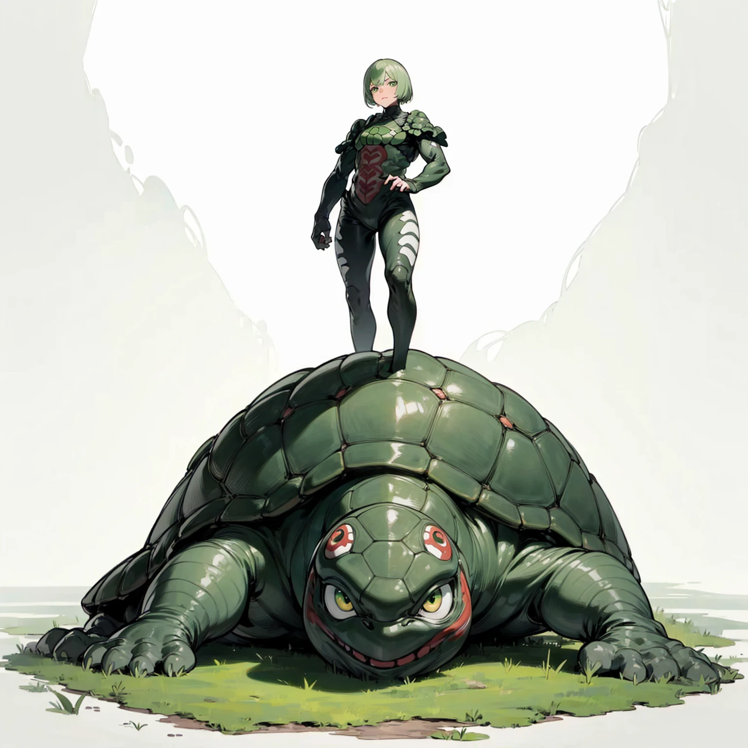 (Random Evolution, Colossal Titan mixed with turtle), full body version, full black and white colour skins, (green eyes), (Grassroots oil), no background, Oil, slimy floor