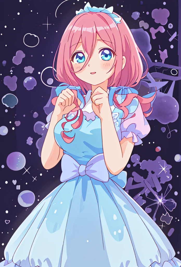 Pastel illustration, lilac theme, Miku nakano, standing 3/4, looking at viewer, soft standing pose, cowboy shot, wearing a lilac dress blue eyes, fluffy brown red hair, nakano_miku, simple organza lilac dress, higher quality, soft vivid colours, dreamy nebula, fairy core, lovely, splendid, delicacy, 4k, extremely detailed, sparkling eyes, perfect face, soft smile, sweet face, lovely, watercolor paiting, Ultra Detail, , soft pastel colours, pastel, aesthetic