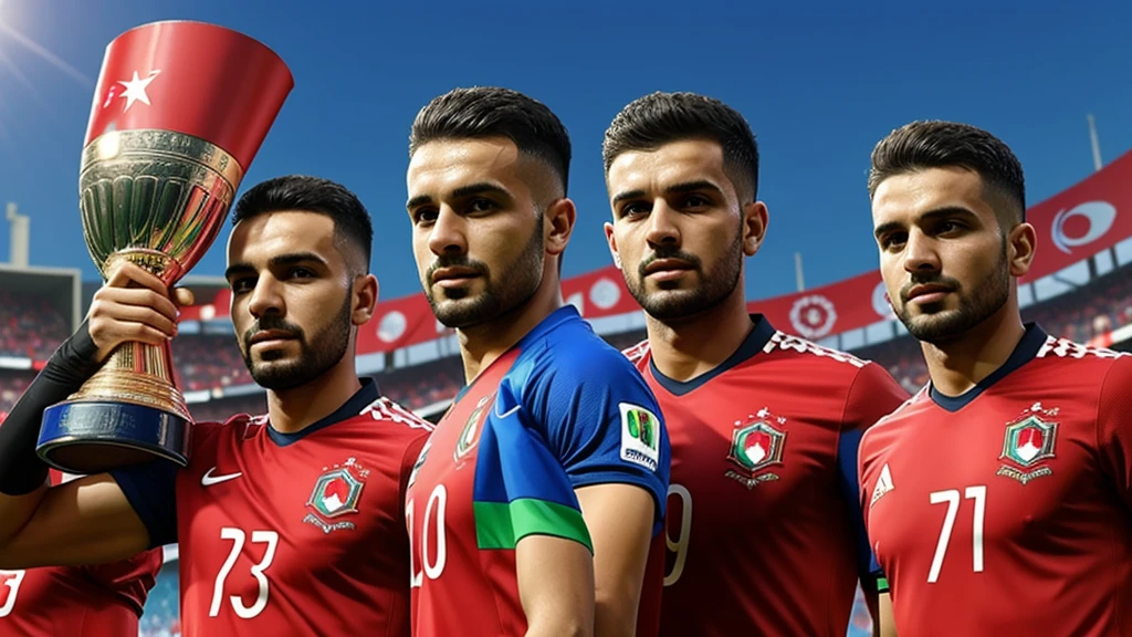 Create a 3-D image of the Turkish team for Euro 2024 football, like those holding a trophy in their hands , Create the players with Turkish flag jerseys
