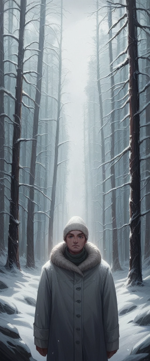 eldrichtech, hyper realistic photograph, film grain, Kodak portra 800, f1.8, a female white walker standing in a dense forest, beautiful face, detailed face, snow storm, heavy snow, snowy, haze, dim diffuse light