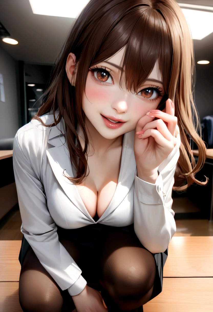 One Girl, alone, pantyhose, Brown Hair, squat, Brown eyes, skirt, View your viewers, ペンシルskirt, office lady, Jacket, indoor, Long Hair, shirt, bangs, 黒いJacket, blush, 白のshirt, 黒いskirt, Hair ween the eyes, Long sleeve, put your hand on your face, Part your lips, Small breasts, Brown pantyhose, suit, Large Breasts, Cleavage, formal, smile, Black pantyhose, Open your mouth, Put your hand on your cheek, Beautiful girl ,In 8K, Ultra-high resolution,RAW Photos, (Tabletop:1.2), (Highest quality:1.2), Realistic, Photorealistic, Sharp focus,Professional、Nogizaka Idol、Korean Idol、Gravure idol pose、、Age 25、expensive, Glamour、side、Swimwear