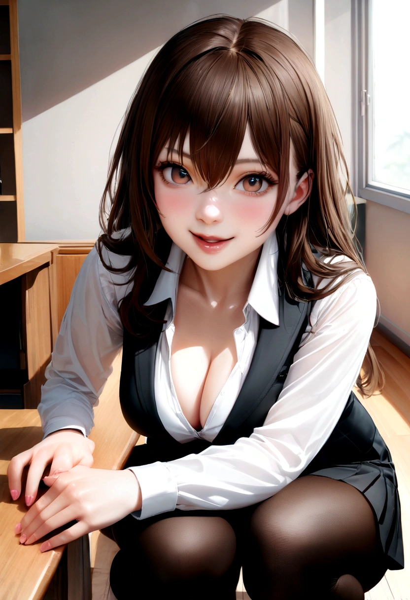 One Girl, alone, pantyhose, Brown Hair, squat, Brown eyes, skirt, View your viewers, ペンシルskirt, office lady, Jacket, indoor, Long Hair, shirt, bangs, 黒いJacket, blush, 白のshirt, 黒いskirt, Hair between the eyes, Long sleeve, put your hand on your face, Part your lips, Small , Brown pantyhose, suit, Large , , formal, smile, Black pantyhose, Open your mouth, Put your hand on your cheek, Beautiful girl ,In 8K, Ultra-high resolution,RAW Photos, (Tabletop:1.2), (Highest quality:1.2), Realistic, Photorealistic, Sharp focus,Professional、Nogizaka Idol、Korean Idol、Gravure idol pose、、Age 25、expensive, Glamour、side、Swimwear