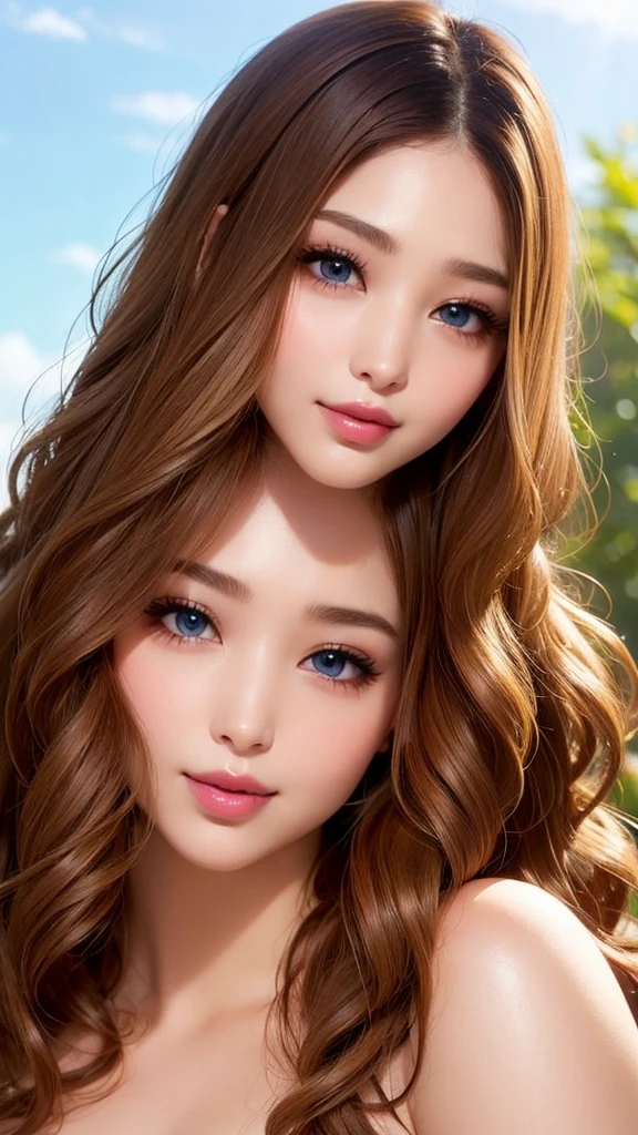 Beauty, Mystical Eyes、Big 、Super sexy、Pale skin、Shiny Hair、Super long hair、Loose and fluffy perm、Close to blonde、Are fat、fat、smile、Heavy makeup、Pink lipstick、Thick lipoisturized lips、Plump、Voluptuous、Indian、spring、Blue sky、White cloud、looking at the camera、Has bangs、Bangs fall on the forehead、Heavy makeup、Heavy makeup、The face is dark、Exotic Face
