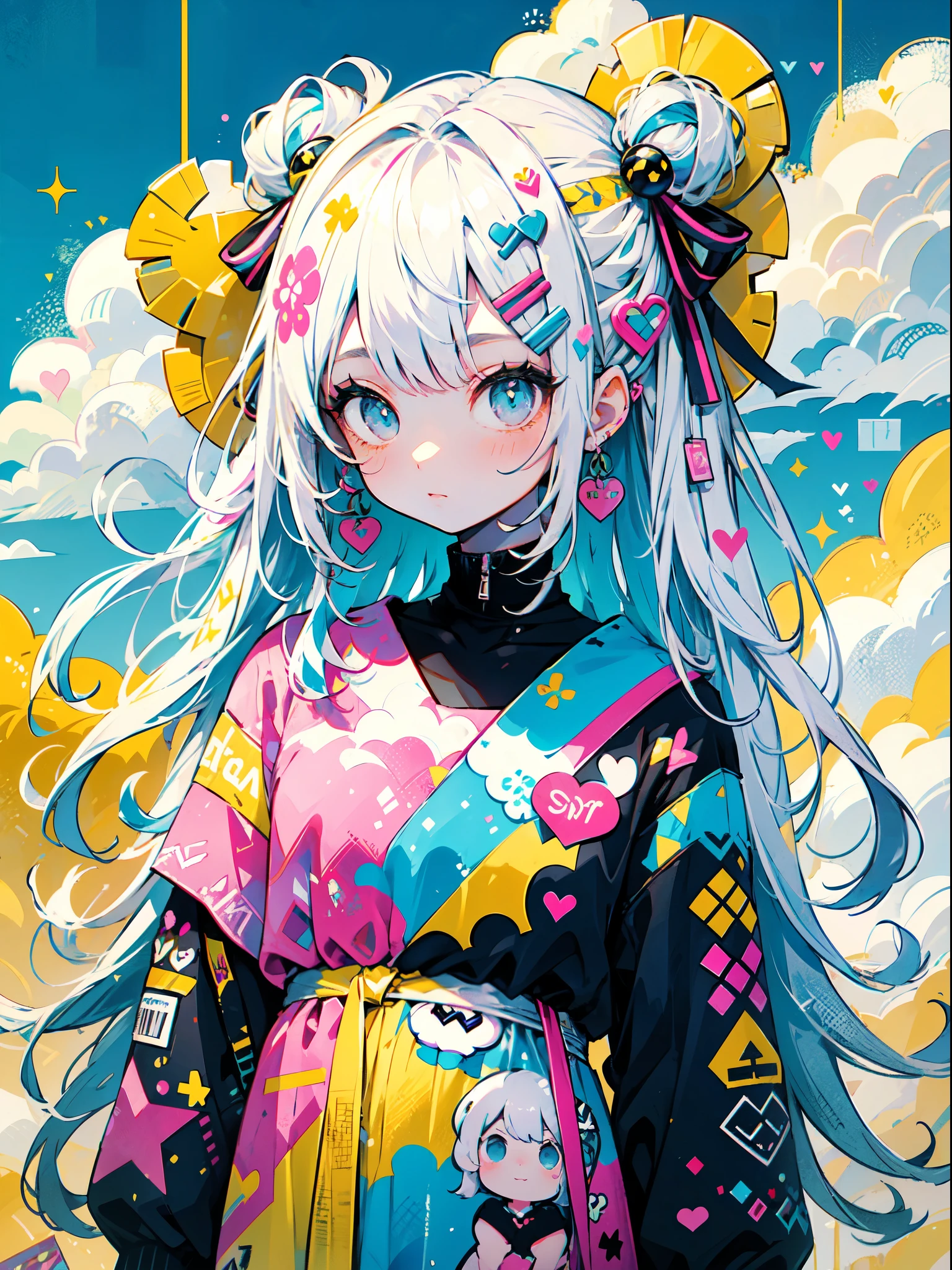 "cute, cute, Cute girl in pink, yellow, Baby blue color scheme. She wears sky-themed clothing with clouds and sky motifs. Her outfit is fluffy and soft., Comes with hair clips and other accessories. She embodies the vibrant and trendy Harajuku fashion style.."