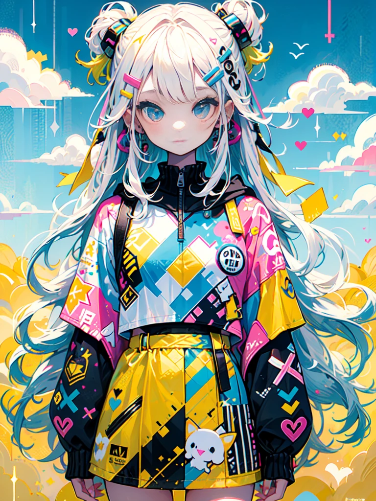 "cute, cute, Cute girl in pink, yellow, Baby blue color scheme. She wears sky-themed clothing with clouds and sky motifs. Her outfit is fluffy and soft., Comes with hair clips and other accessories. She embodies the vibrant and trendy Harajuku fashion style.."