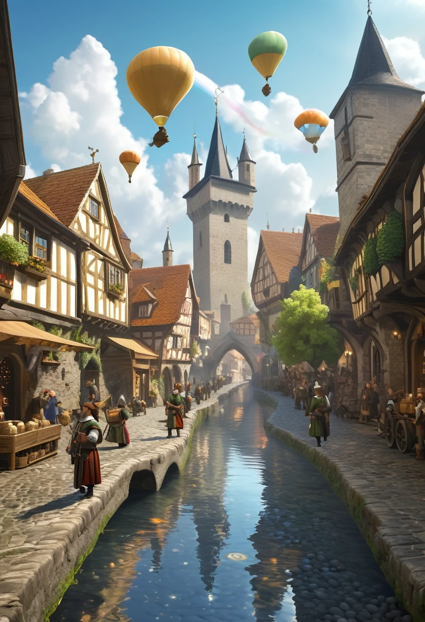 A medieval town with floating cobblestones, appearing very magical with floating stones and magic in the air, with soldiers and villagers abound