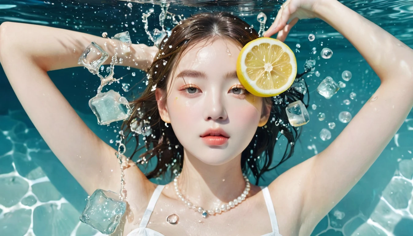 Summer Lemon Girl，Dopamine teenage， Cool summer days，Ice cubes，The watery girl，Delicate skin，Hydration，Shiny，Shiny，dream，Front view，bust，pearl，Lemon fruit