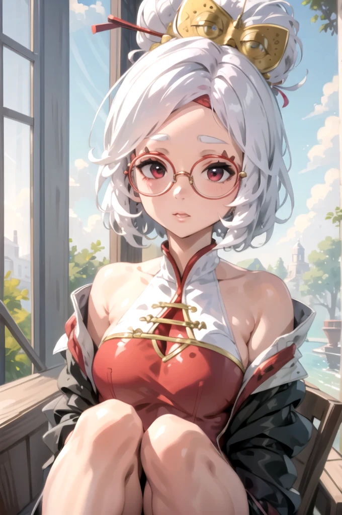 (masterpiece), (best quality),
solo, 1girl, 
purah, white hair,  glasses, hair ornament, standing confident, seductive 