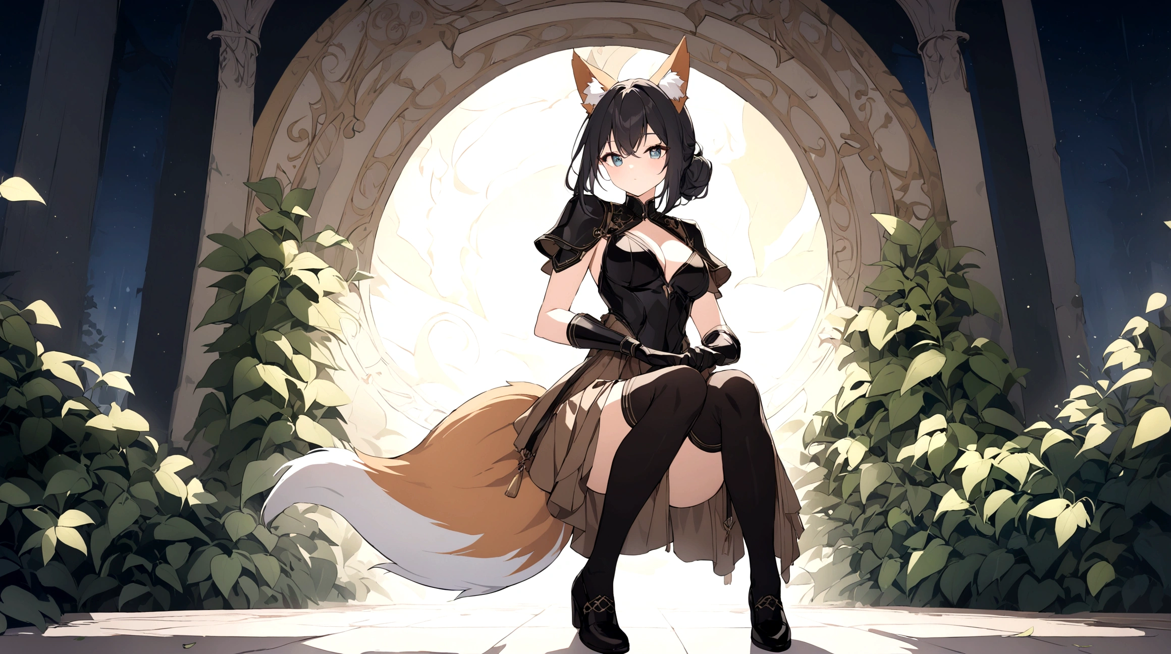 (1girl, Masterpiece, best quality) (detailed and beautiful eyes:1.6) (perfect hands, perfect anatomy) ((full body)) ((more Adult body)) fox-girl Misaki has (short black hair styled in a slightly tousled manner) and (her fox ears are perked up attentively.) ((She wears a black, full adventurer leather armor, coat)) Her outfit includes a leather straps, emphasizing a combination of practicality) and elegance. She has a one black, big **fluffy** fox tail. She has over-to-knee socks. Light filtering through the leaves create a serene yet enigmatic atmosphere. Her positon is standing that showcases her strength readiness for battle. No Dress.
