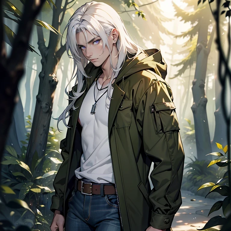 (Masterpiece), best quality, highest quality, highly detailed, original, high resolution CG Unit 8k wallpaper, (depth of field: 1.5), fidelity: 1.3, (best quality, artwork, masterpiece, 4k), solo, male, pale white skin, white hair, long hair, straight hair, handsome young man, detailed background of a forest, beautiful eyes, purple eyes, masterpiece, age 18, wearing tight jeans and black compression tank, olive green rain coat with hood, belt, necklace, detailed face, serene expression
