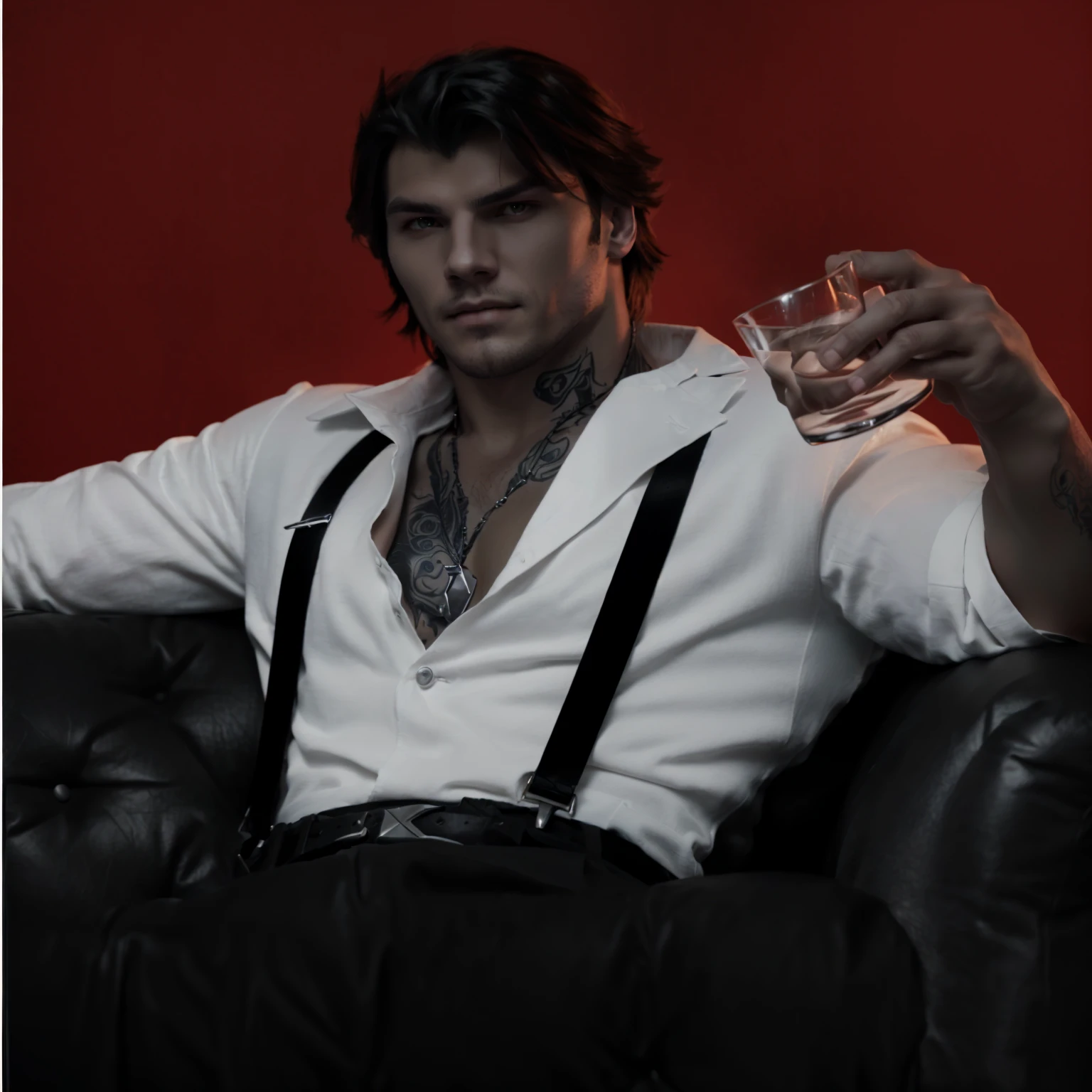 a black and white photo of a man sitting on a couch holding a glass, handsome guy in demon slayer art, sylas, handsome male vampire, epic and classy portrait, male vampire, commission for high res, jesse mccree, jacen solo, male art, artstation mans aesthetic, style of charlie bowater, as a character in tekken, neo noir style