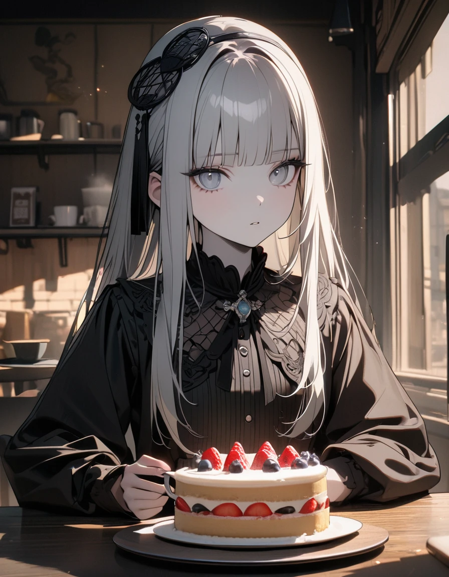 (8K, best quality, master piece: 1.2), super high resolution,1 girl,独奏,16yo,ultra-detailed face,detailed eyes,silver eyes,blunt bangs,silver hair,Straight Hair,Long Hair,pale skin,long sleeve petal collar blouse,black Fascinator,Tiered skirt,expressionless,lash extension,parted lips,Rim Light,Sitting in a chair,A cake and a cup of tea on the table,Coffee shop