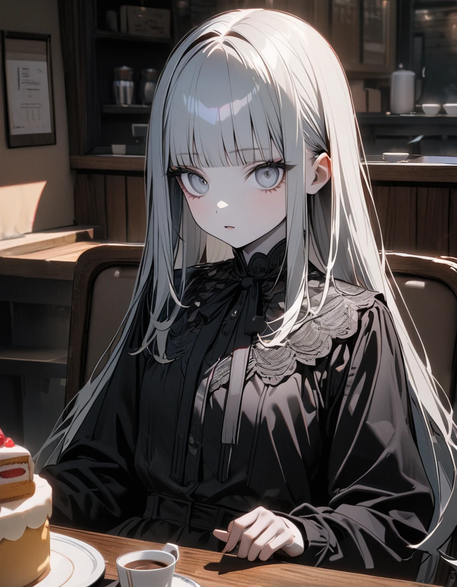 (8K, best quality, master piece: 1.2), super high resolution,1 girl,独奏,16yo,ultra-detailed face,detailed eyes,silver eyes,blunt bangs,silver hair,Straight Hair,Long Hair,pale skin,long sleeve petal collar blouse,black Fascinator,Tiered skirt,expressionless,lash extension,parted lips,Rim Light,Sitting in a chair,A cake and a cup of tea on the table,Coffee shop
