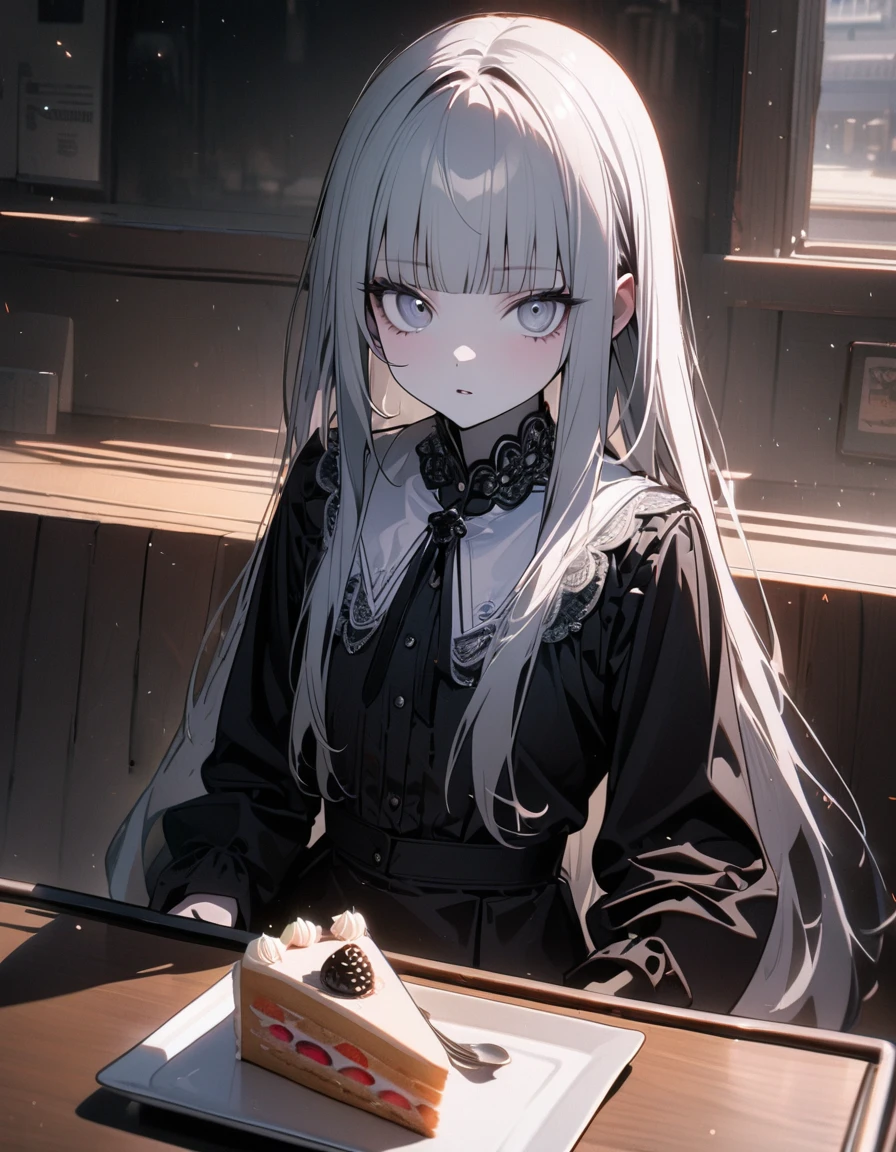 (8K, best quality, master piece: 1.2), super high resolution,1 girl,独奏,16yo,ultra-detailed face,detailed eyes,silver eyes,blunt bangs,silver hair,Straight Hair,Long Hair,pale skin,long sleeve petal collar blouse,black Fascinator,Tiered skirt,expressionless,lash extension,parted lips,Rim Light,Sitting in a chair,A cake and a cup of tea on the table,Coffee shop