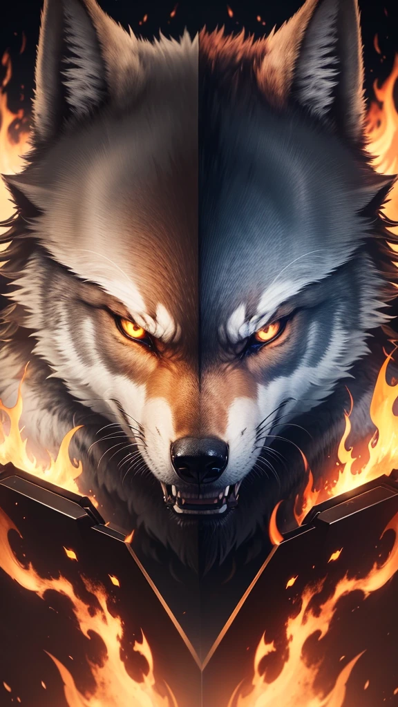 1 wolf on fire, High definition, battle, bright sunny, angry expression, 4K, 真实感, flat land