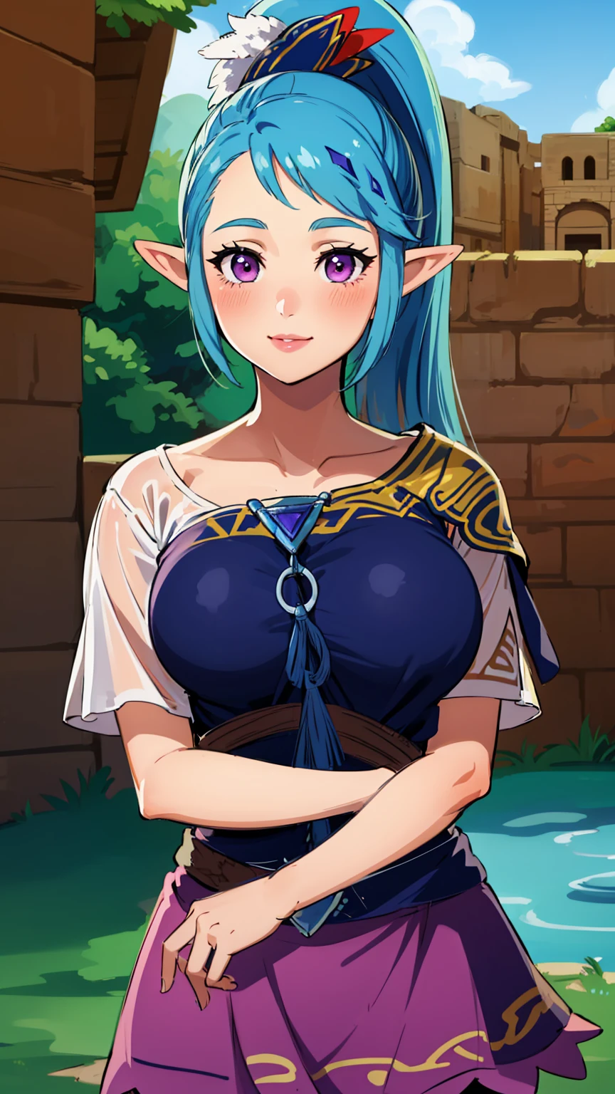 best quality, high resolution, large breasts, blue hair, ponytail, blush, smile, cowboy shot, looking at viewer, Lana, pink lip, (((in Hyrule castle))),