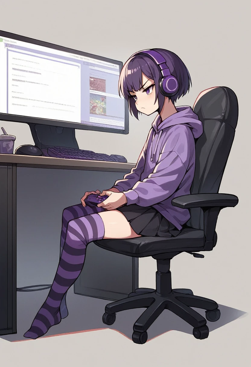 score_9, score_8_up, score_7_up, score_6_up, score_5_up, score_4_up, sideview, sitting on a chair, 20 years old anime girl, purple short hair, purple hoodie, flat chest, black skirt, girl with headphones, girl gaming in front a computer, computer table, grumpy expression, focus on girl, full body, bad back posture, hunched back, Striped high stockings, purple and black striped stockings, playing videogames, bend down