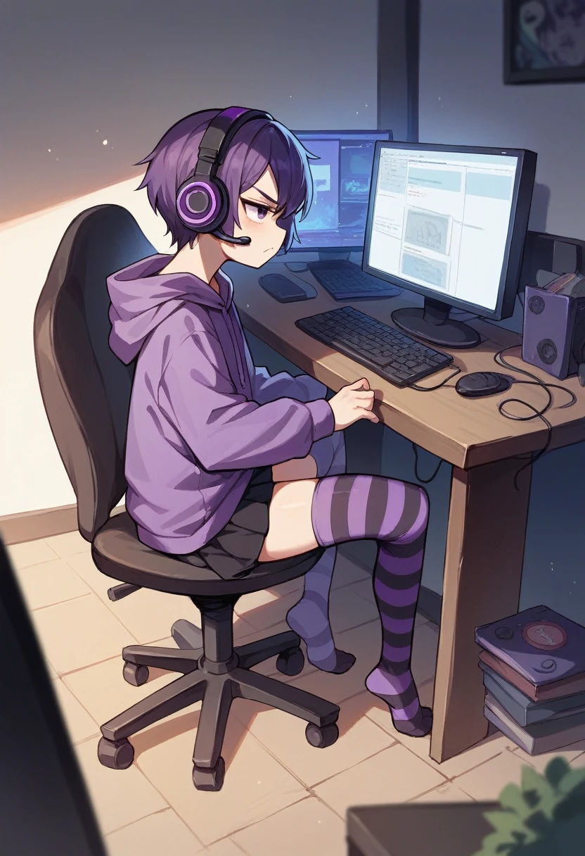 score_9, score_8_up, score_7_up, score_6_up, score_5_up, score_4_up, sideview, sitting on a chair, 20 years old anime girl, purple short hair, purple hoodie, flat chest, black skirt, girl with headphones, girl gaming in front a computer, computer table, grumpy expression, focus on girl, full body, bad back posture, hunched back, Striped high stockings, purple and black striped stockings, playing videogames, bend down