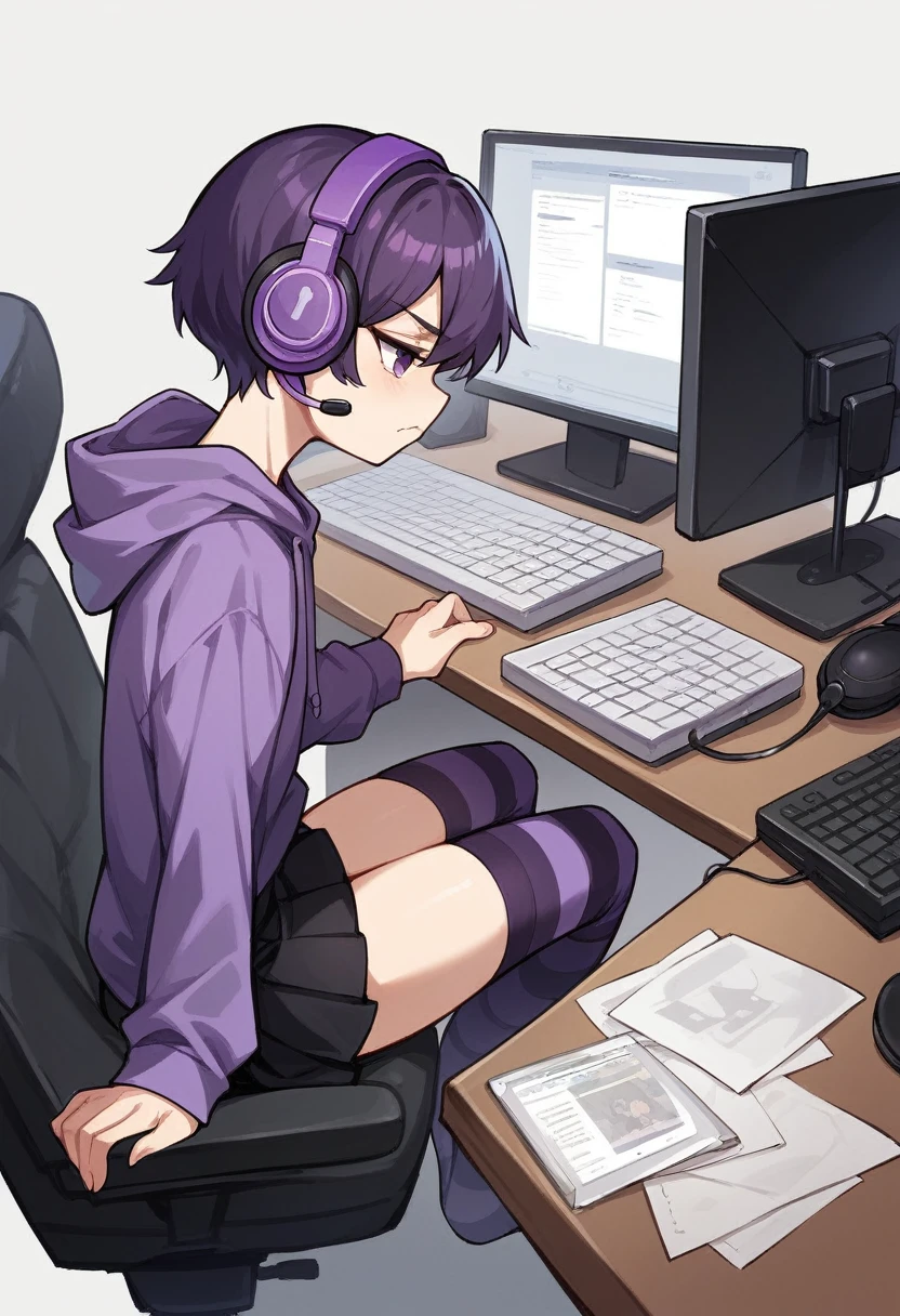 score_9, score_8_up, score_7_up, score_6_up, score_5_up, score_4_up, sideview, sitting on a chair, 20 years old anime girl, purple short hair, purple hoodie, flat chest, black skirt, girl with headphones, girl gaming in front a computer, computer table, grumpy expression, focus on girl, full body, bad back posture, hunched back, Striped high stockings, purple and black striped stockings, playing videogames, bend down