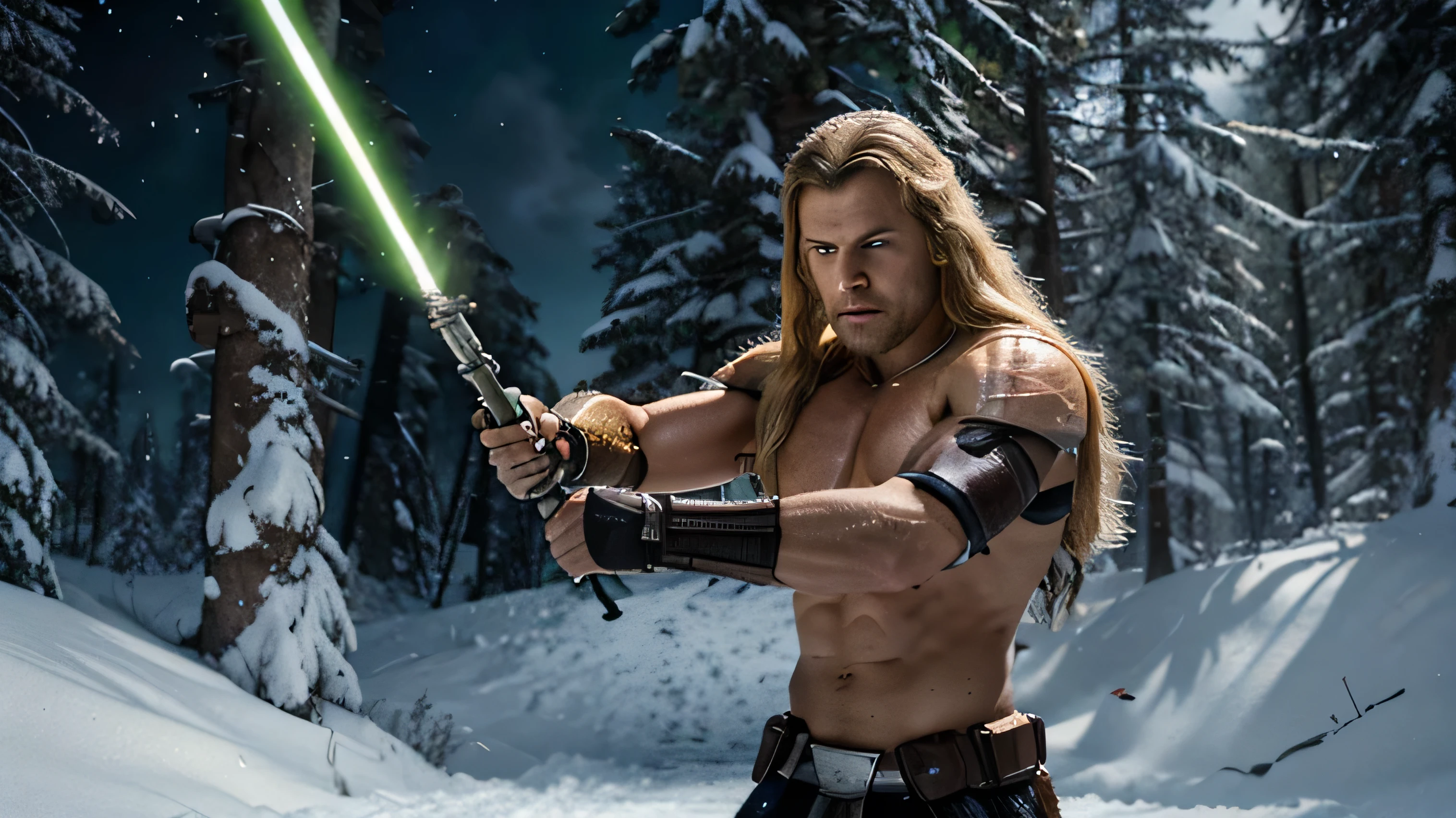 A close up photo of handsome very strong Man Warrior with (glowing neon blue sword:1.2) (in hand:1.2), struggling to remain relevant in age-old battles, with tears in his eyes, screaming, (fur:1.2), (hairy man:1.2), realistic motion action photo, (((hdr))), hyperdetailed, cinematic, cool lights, intricate details, muscle, perspective view, UHD, 64k, unreal, messy windy hair