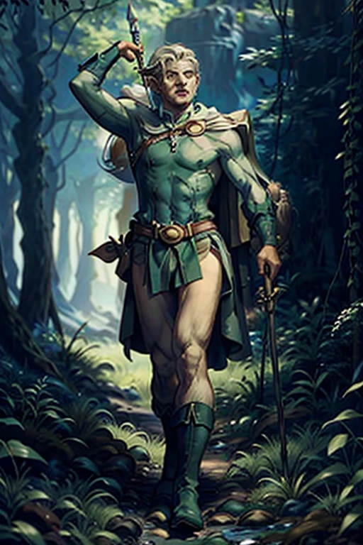 A titanic wild elf as an elven god of epic proportions, the elf ranger full body, complete body, standing, walking in the forest wearing leather armor, his aged green boots show that his adventures are many, he holds his elven longbow, her hair is black and her eyes are green, your body is muscular and well balanced, He walks on a trail in the forest where the trees are green and the ground is covered with grass.