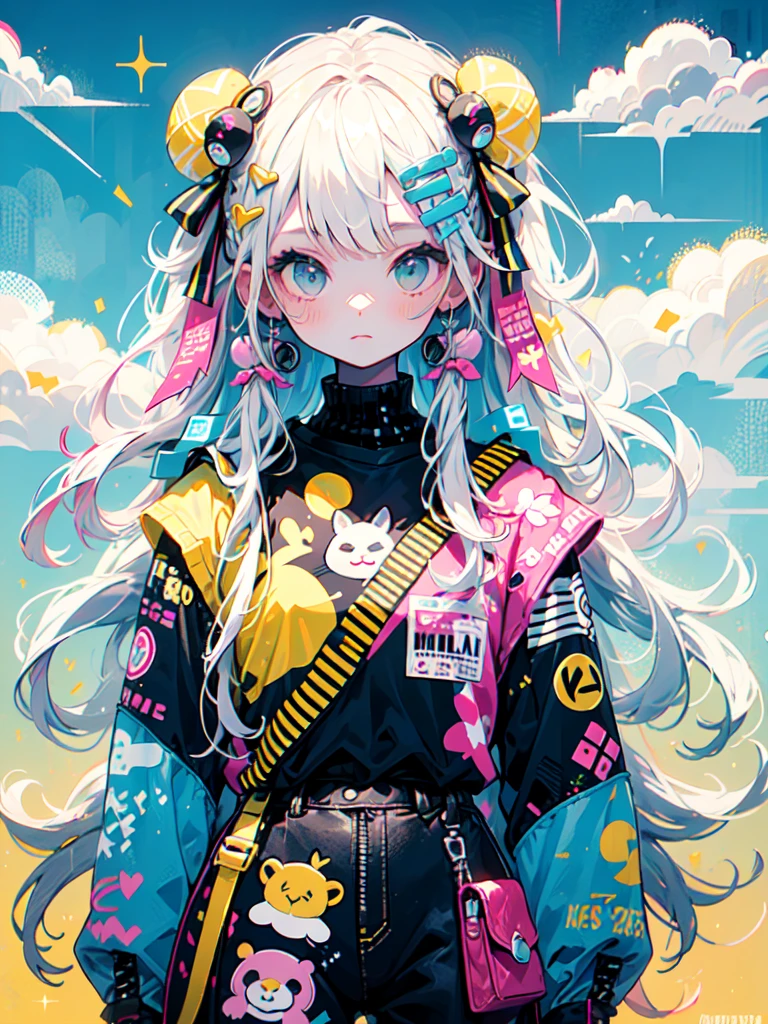 "cute, cute, Cute girl in pink, yellow, Baby blue color scheme. She wears sky-themed clothing with clouds and sky motifs. Her outfit is fluffy and soft., Comes with hair clips and other accessories. She embodies the vibrant and trendy Harajuku fashion style.."