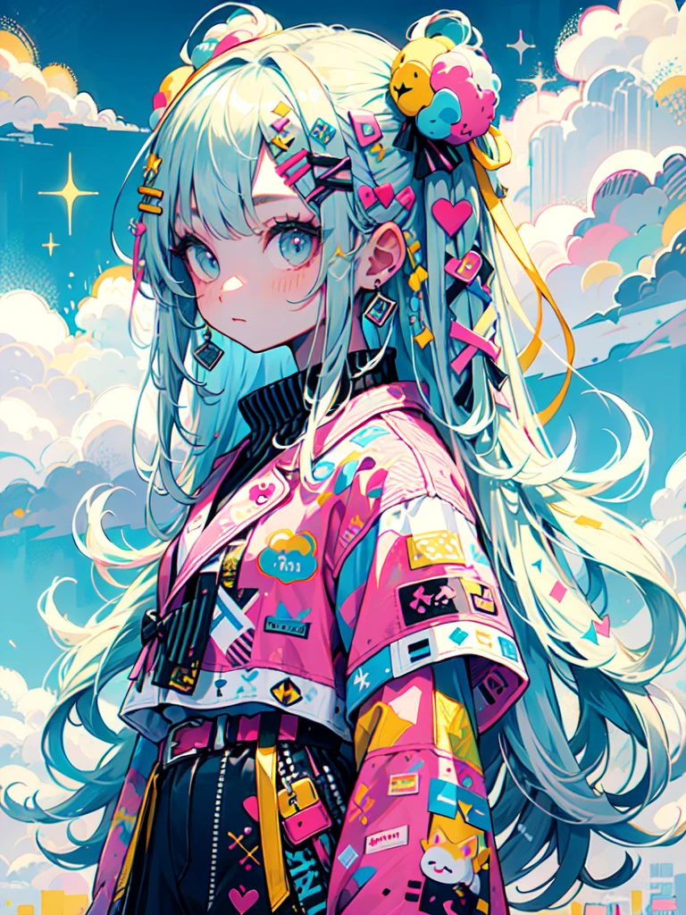 "cute, cute, Cute girl in pink, yellow, Baby blue color scheme. She wears sky-themed clothing with clouds and sky motifs. Her outfit is fluffy and soft., Comes with hair clips and other accessories. She embodies the vibrant and trendy Harajuku fashion style.."