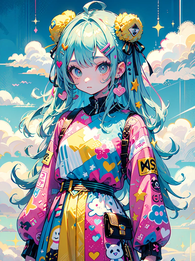 "cute, cute, Cute girl in pink, yellow, Baby blue color scheme. She wears sky-themed clothing with clouds and sky motifs. Her outfit is fluffy and soft., Comes with hair clips and other accessories. She embodies the vibrant and trendy Harajuku fashion style.."